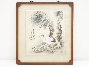 田能村直外筆　松鶴図色紙　肉筆額装